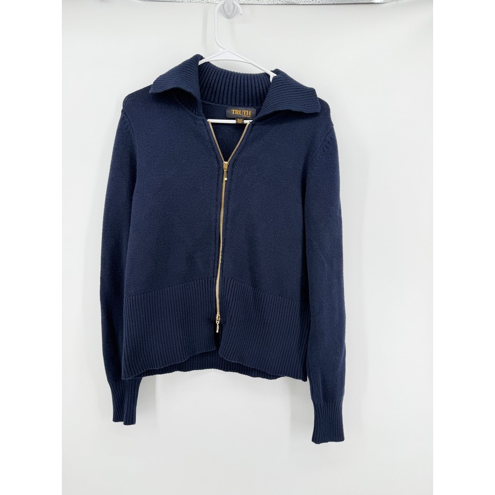 Truth by Republic Womens XL Navy Blue Full Zip Ribbed Collar Knit‎ Sweater
